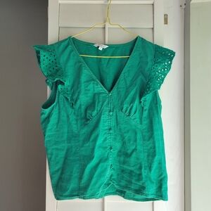 Reitman' Green Sleeveless Linen Top with Eyelet Ruffle